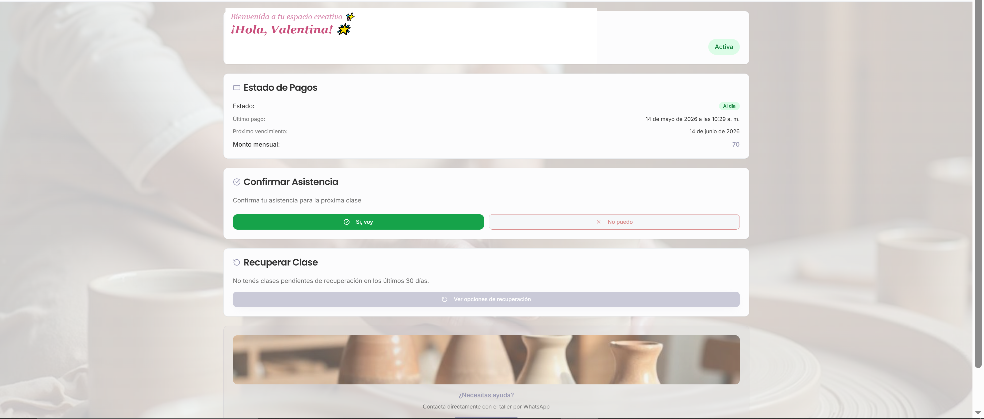 App de la alumna: confirmar asistencia y recuperar clase